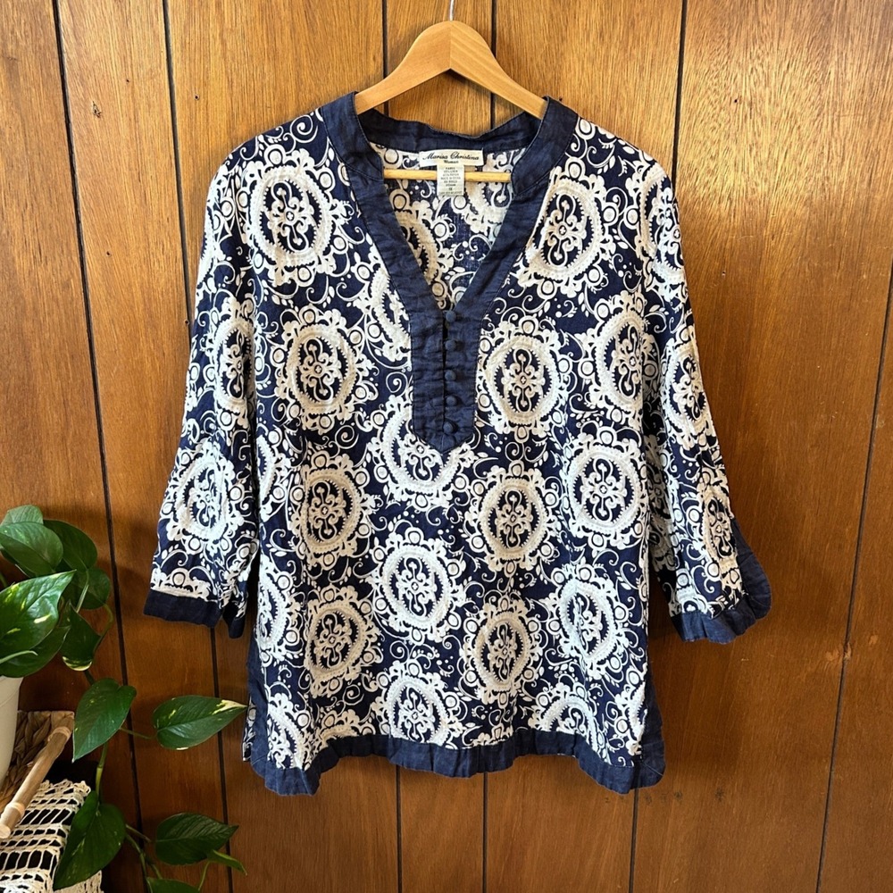 Vintage Marisa Christina Woman Navy White Tunic Top 1X Linen Rayon‎ Boho Summer